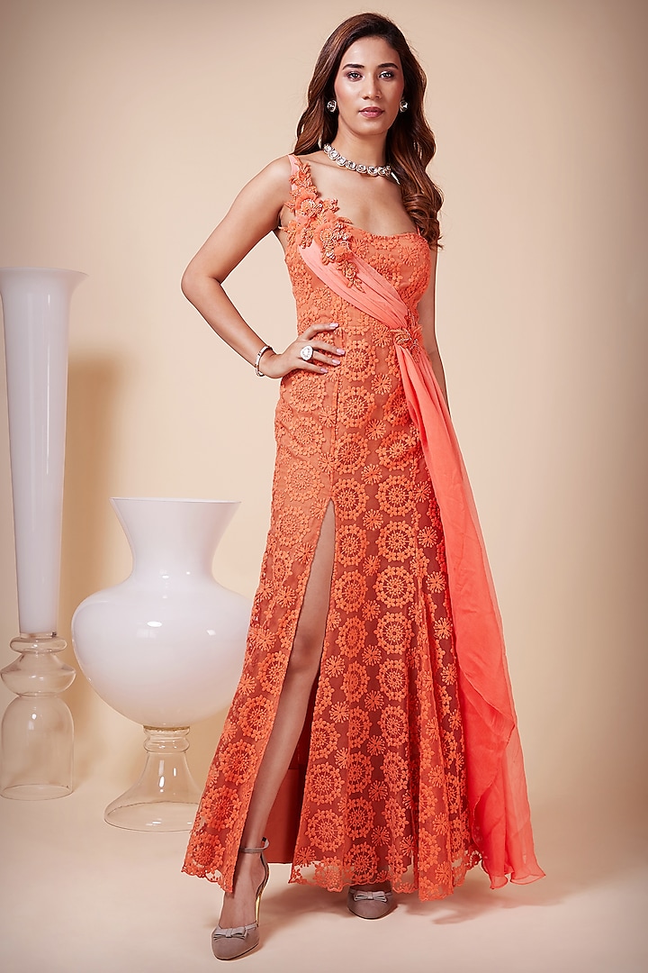 Orange Embroidered Gown by Saaj By Ankita