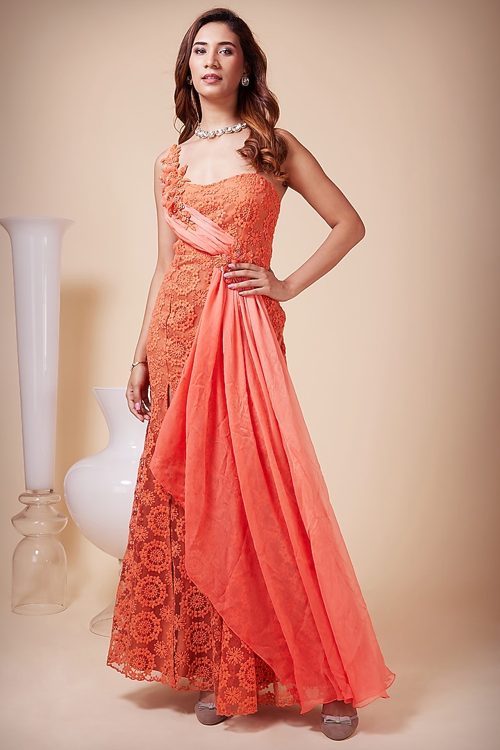 Orange Embroidered Party Wear Gown by Saaj By Ankita at Pernia's Pop Up Shop
