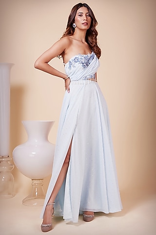 Powder Blue Georgette One-Shoulder Gown by Saaj By Ankita