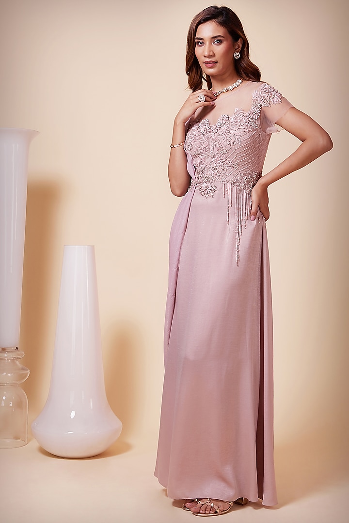Mauve Embroidered Draped Maxi Cocktail Dress by Saaj By Ankita at Pernia's Pop Up Shop