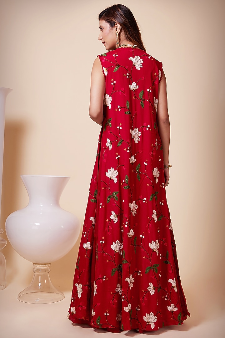 Maroon Aari Embroidered Jacket Set by Saaj By Ankita at Pernia's Pop Up Shop