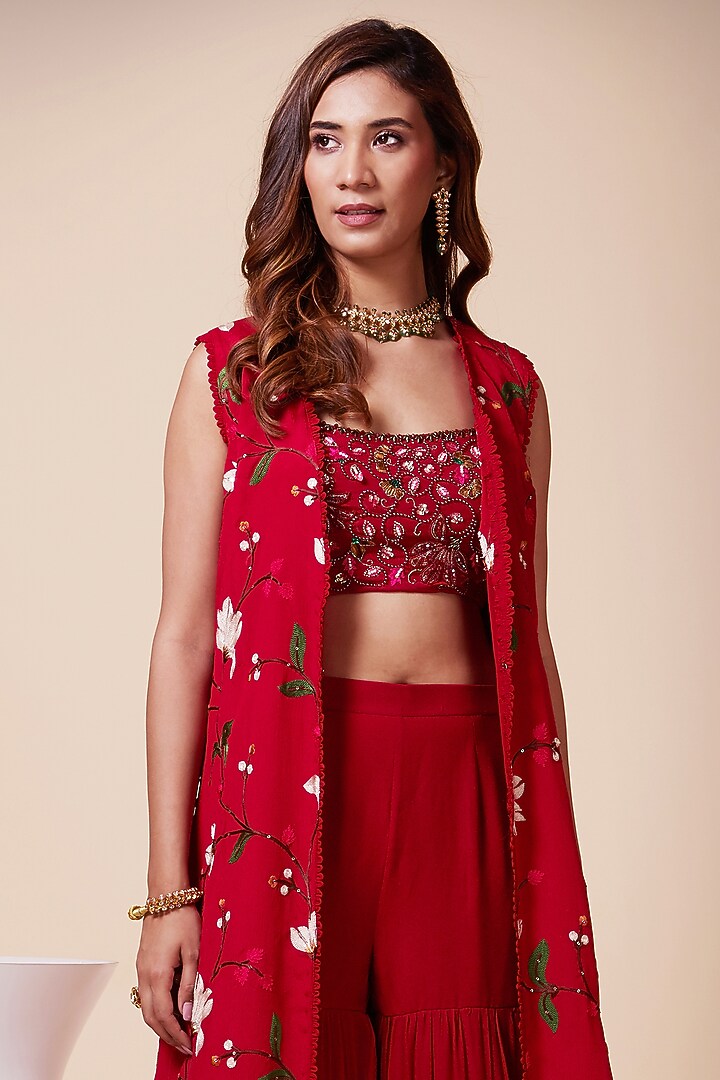 Maroon Aari Embroidered Jacket Set by Saaj By Ankita at Pernia's Pop Up Shop