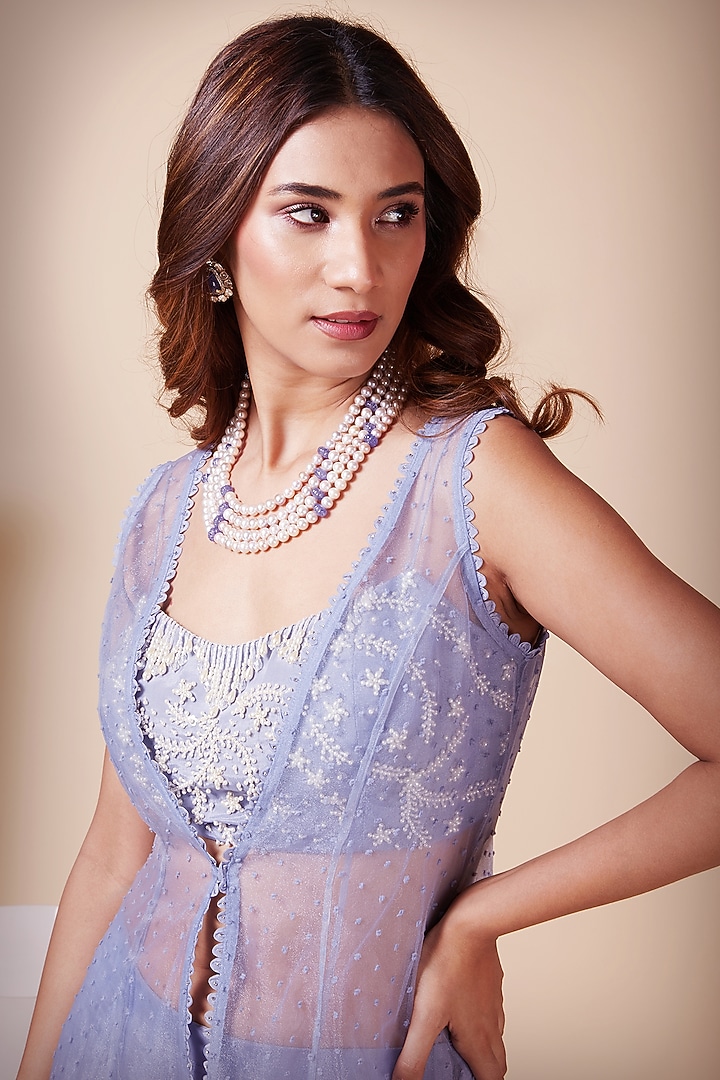 Powder Blue Embroidered Jacket Set by Saaj By Ankita at Pernia's Pop Up Shop