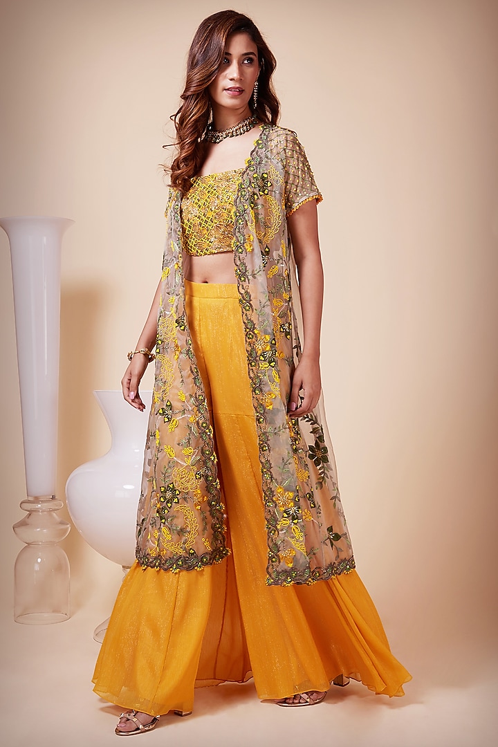 Yellow Embroidered Jacket Set by Saaj By Ankita