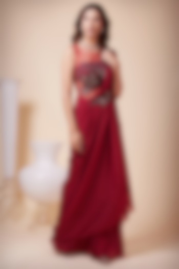 Red Metallic Georgette Sequins Embroidered Draped Gown Saree by Saaj By Ankita