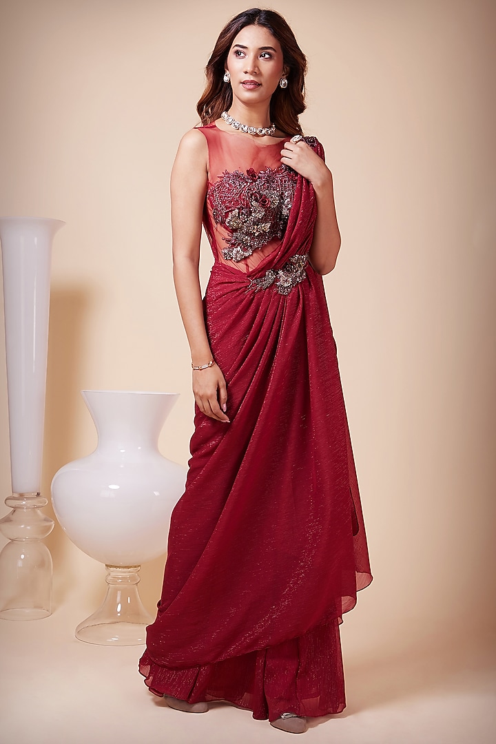 Red Metallic Georgette Sequins Embroidered Draped Gown Saree by Saaj By Ankita