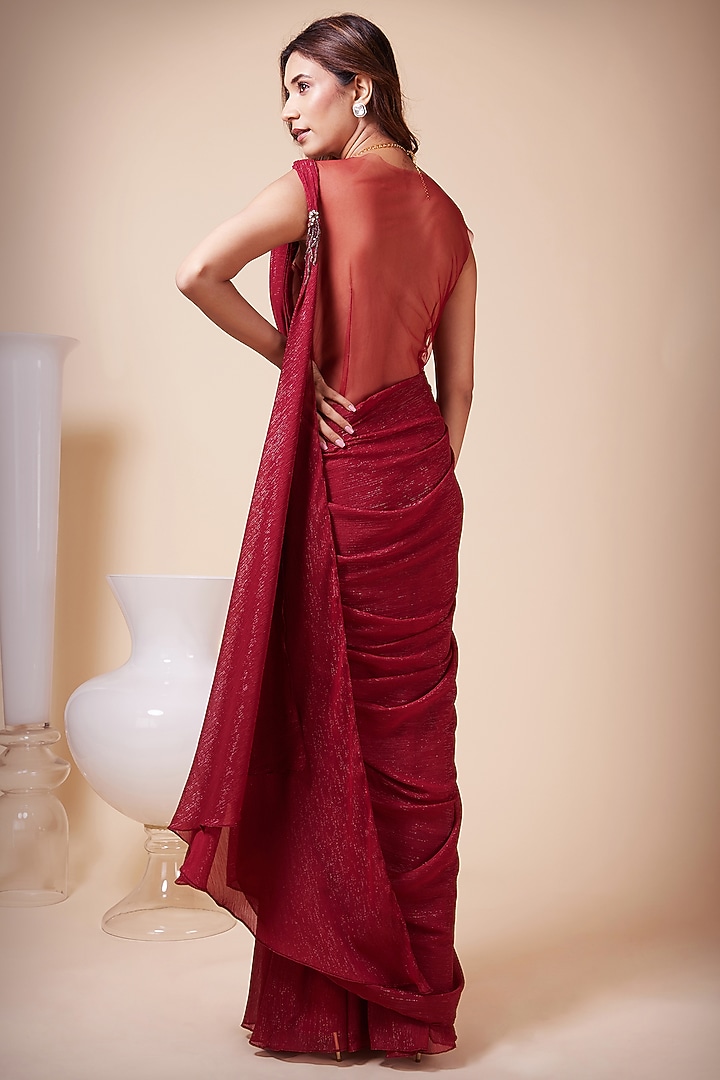 Red Metallic Georgette Sequins Embroidered Draped Wedding Gown Saree by Saaj By Ankita at Pernia's Pop Up Shop