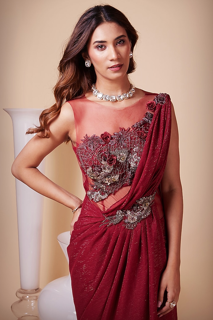 Red Metallic Georgette Sequins Embroidered Draped Wedding Gown Saree by Saaj By Ankita at Pernia's Pop Up Shop