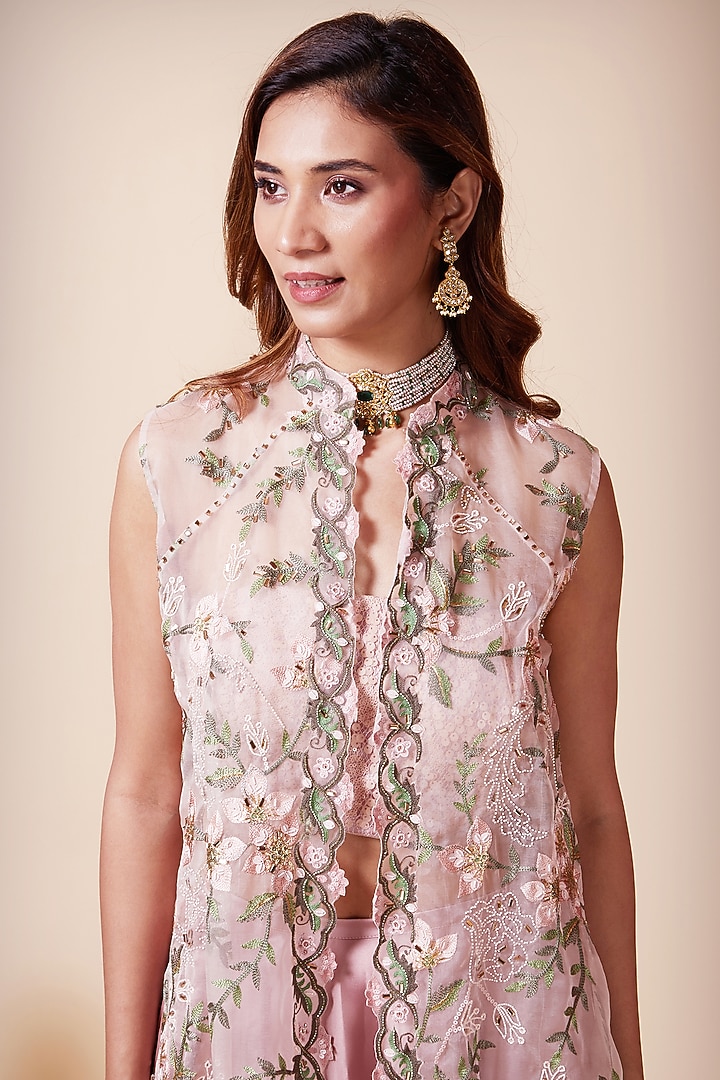 Peach Embroidered Jacket Set by Saaj By Ankita at Pernia's Pop Up Shop