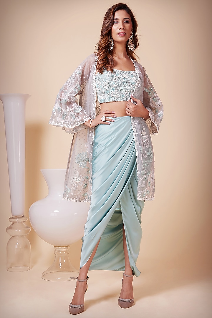 Turquoise Embroidered Jacket Set by Saaj By Ankita