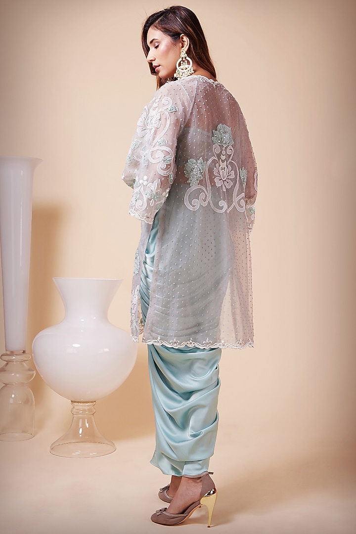 Turquoise Embroidered Jacket Set by Saaj By Ankita at Pernia's Pop Up Shop