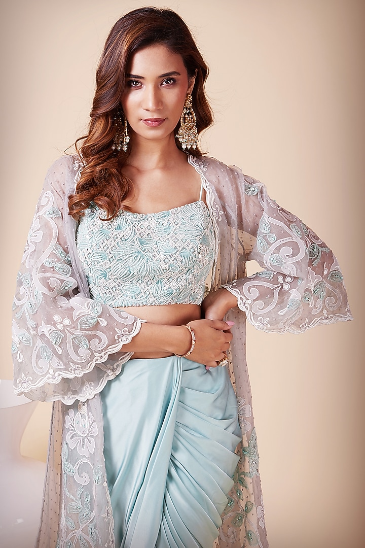 Turquoise Embroidered Jacket Set by Saaj By Ankita at Pernia's Pop Up Shop