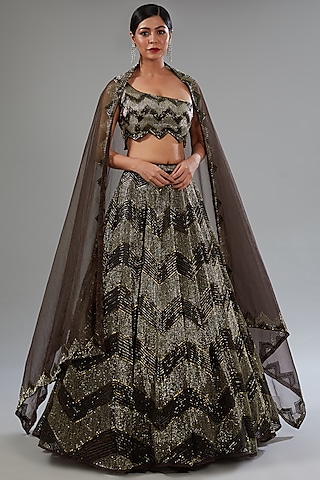 Brown Organza Cutdana Embroidered Kalidar Lehenga Set by Surabhi Chopra