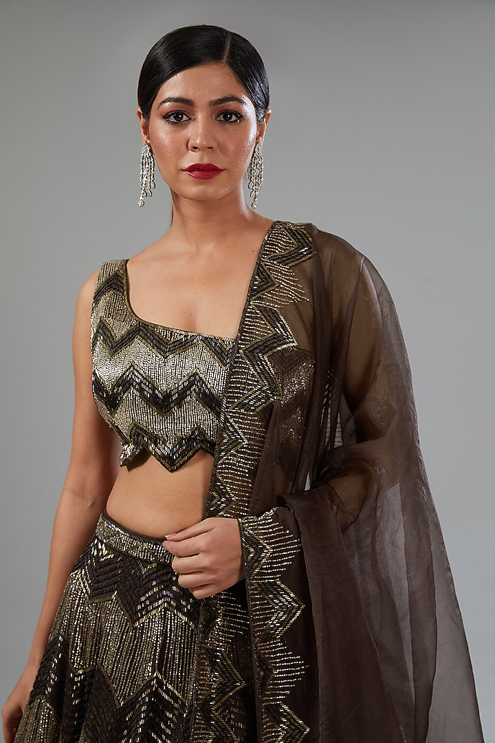 Brown Organza Cutdana Embroidered Kalidar Bridal Lehenga Set by Surabhi Chopra at Pernia's Pop Up Shop