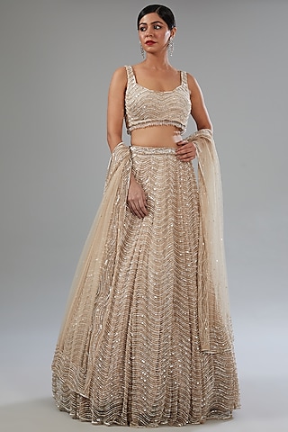 Ivory Organza Sequins Embroidered Kalidar Lehenga Set by Surabhi Chopra