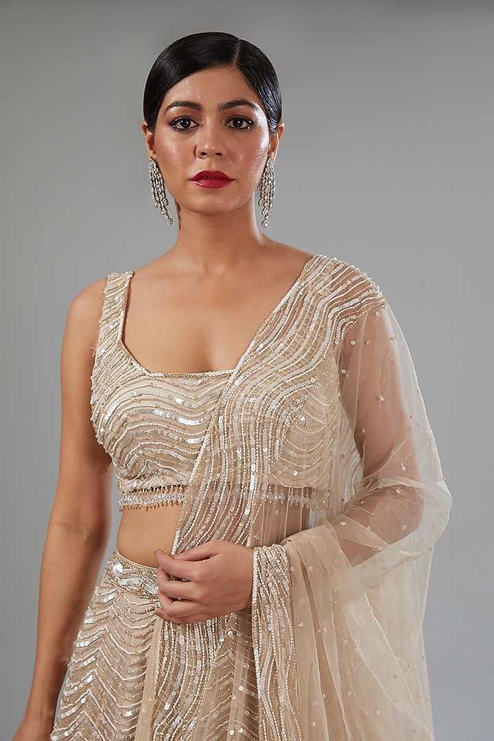 Ivory Organza Sequins Embroidered Kalidar Wedding Lehenga Set by Surabhi Chopra at Pernia's Pop Up Shop