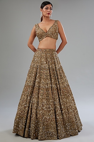 Beige Raw Silk Crystal Embroidered Kalidar Lehenga Set by Surabhi Chopra