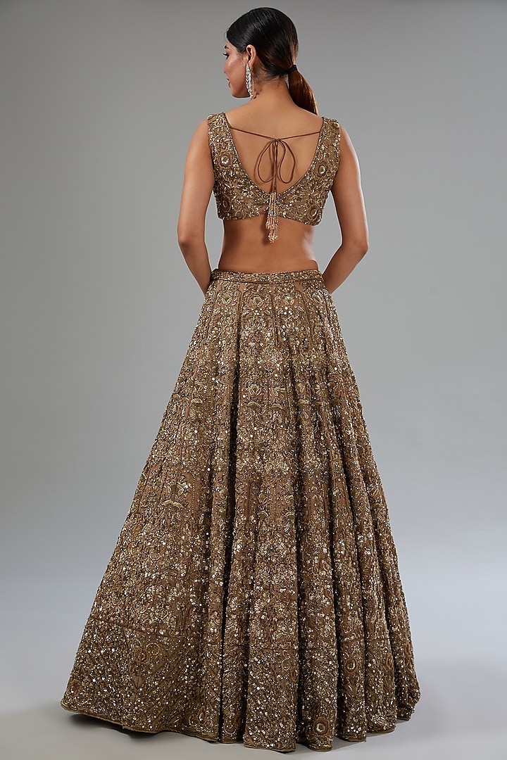 Beige Raw Silk Crystal Embroidered Kalidar Bridal Lehenga Set by Surabhi Chopra at Pernia's Pop Up Shop