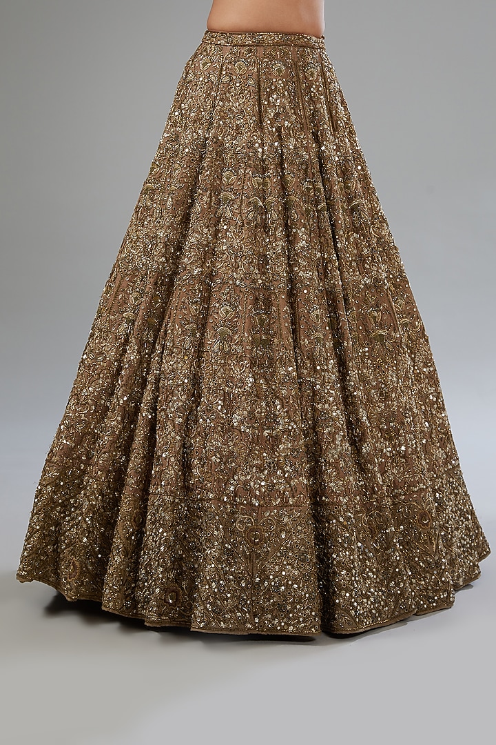 Beige Raw Silk Crystal Embroidered Kalidar Bridal Lehenga Set by Surabhi Chopra at Pernia's Pop Up Shop