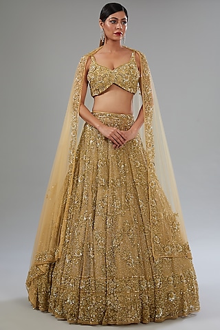 Gold Organza Sequins Embroidered Kalidar Lehenga Set by Surabhi Chopra