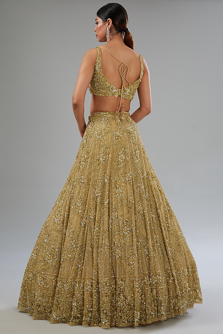 Gold Organza Sequins Embroidered Kalidar Bridal Lehenga Set by Surabhi Chopra at Pernia's Pop Up Shop