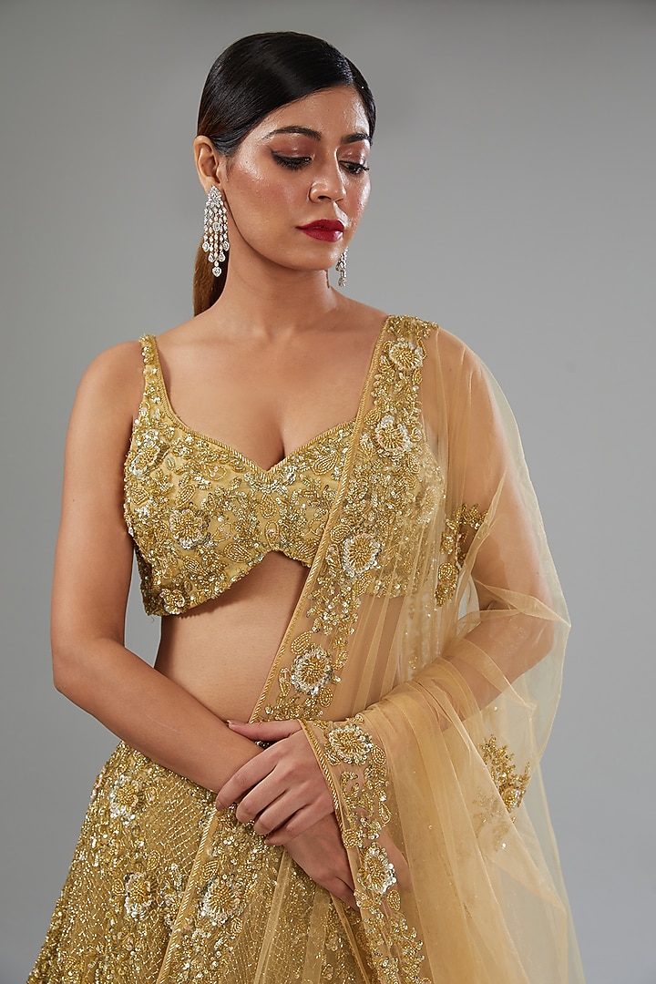 Gold Organza Sequins Embroidered Kalidar Bridal Lehenga Set by Surabhi Chopra at Pernia's Pop Up Shop