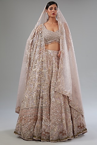 Pink Sheen Organza Sequins Embroidered Lehenga Set by Surabhi Chopra