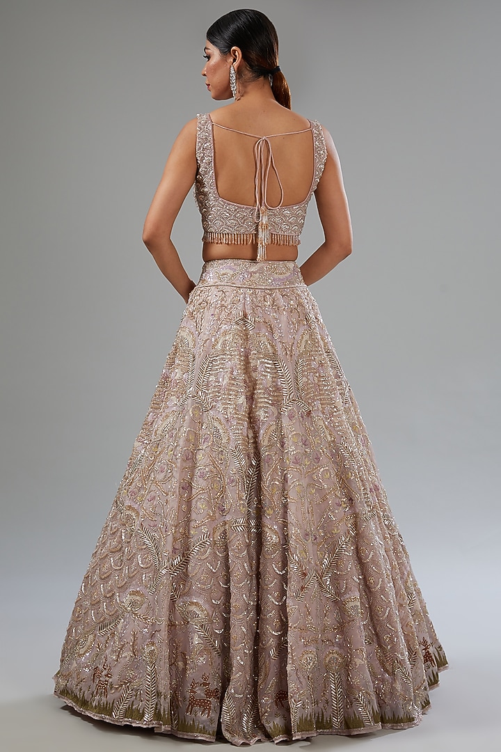 Pink Sheen Organza Sequins Embroidered Bridal Lehenga Set by Surabhi Chopra at Pernia's Pop Up Shop