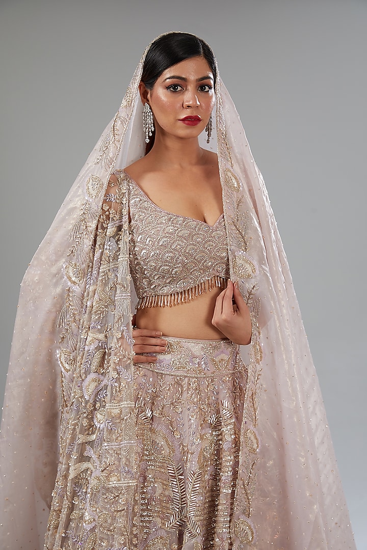 Pink Sheen Organza Sequins Embroidered Bridal Lehenga Set by Surabhi Chopra at Pernia's Pop Up Shop