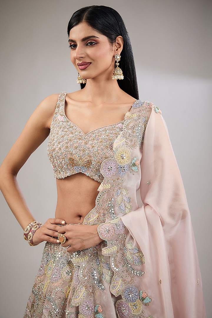 Baby Pink Tissue Hand Embroidered Bridal Lehenga Set by Surabhi Chopra at Pernia's Pop Up Shop