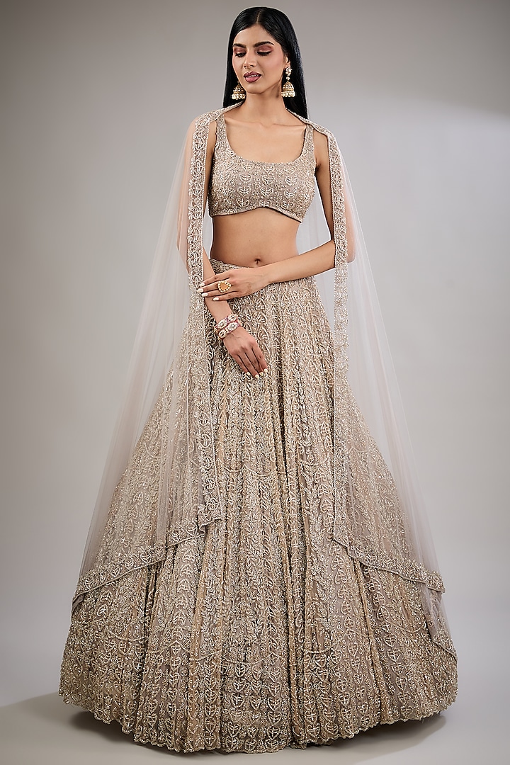 Grey Tissue & Tulle Hand Embroidered Bridal Lehenga Set by Surabhi Chopra at Pernia's Pop Up Shop