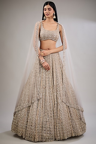 Grey Tissue & Tulle Hand Embroidered Lehenga Set by Surabhi Chopra