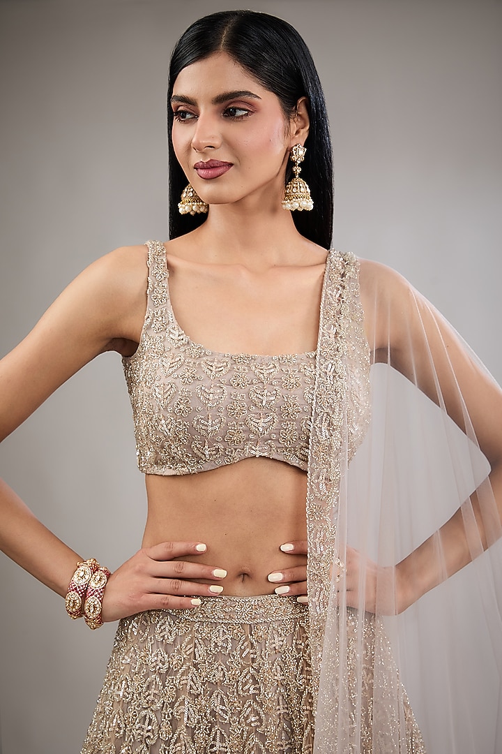 Grey Tissue & Tulle Hand Embroidered Bridal Lehenga Set by Surabhi Chopra at Pernia's Pop Up Shop