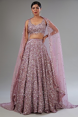 Pink Organza Tissue Sequins Embroidered Lehenga Set by Surabhi Chopra
