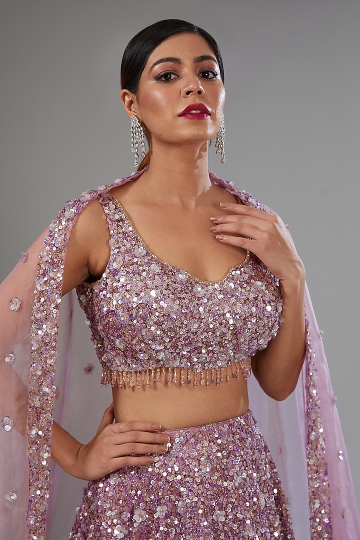 Pink Organza Tissue Sequins Embroidered Wedding Lehenga Set by Surabhi Chopra at Pernia's Pop Up Shop