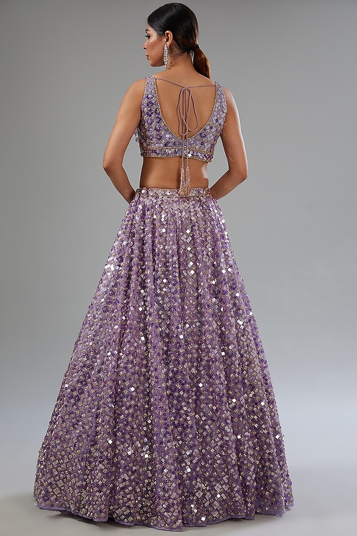 Purple Organza Tissue Sequins Embroidered Wedding Lehenga Set by Surabhi Chopra at Pernia's Pop Up Shop