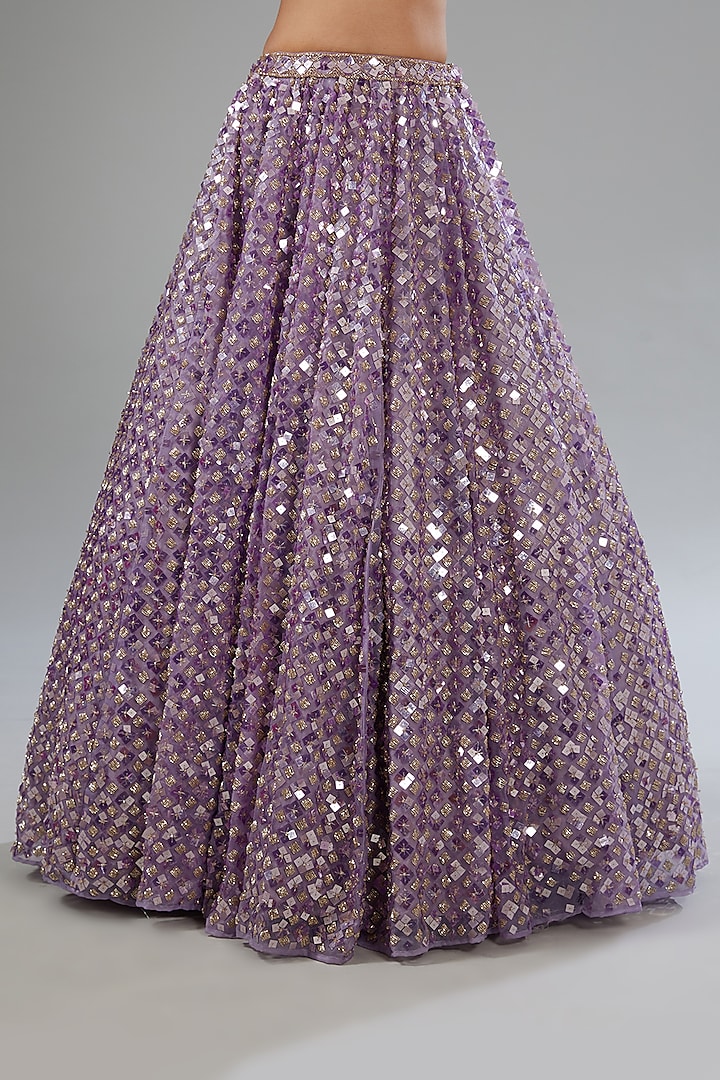 Purple Organza Tissue Sequins Embroidered Wedding Lehenga Set by Surabhi Chopra at Pernia's Pop Up Shop