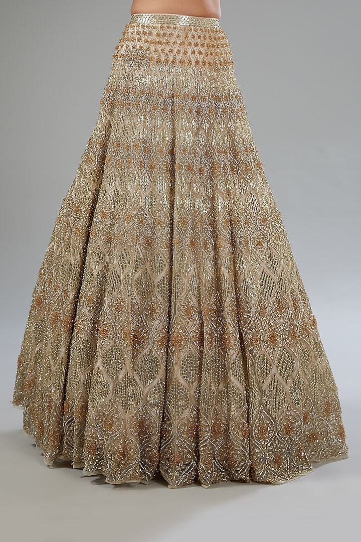 Ivory Net Sequins Embroidered Bridal Lehenga Set by Surabhi Chopra at Pernia's Pop Up Shop