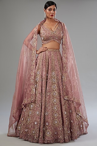 Pink Organza Sequins Embroidered Lehenga Set by Surabhi Chopra
