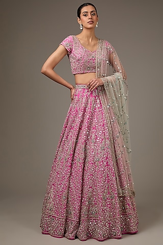 Bubble Gum Pink Raw Silk Hand Embroidered Lehenga Set by Surabhi Chopra