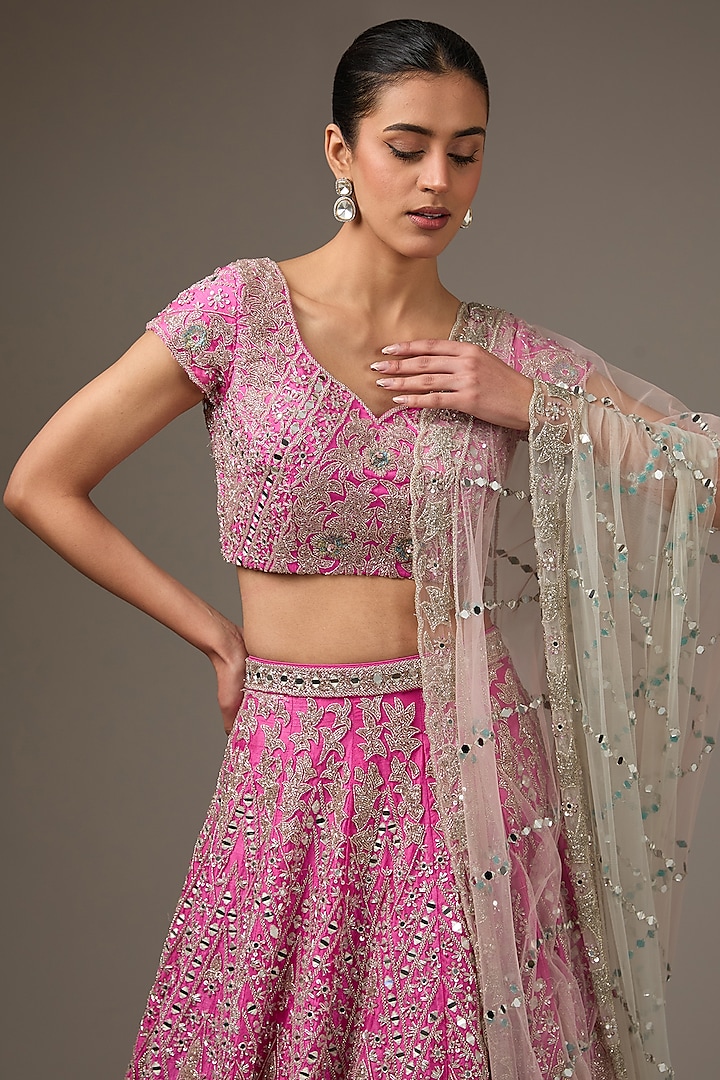 Bubble Gum Pink Raw Silk Hand Embroidered Bridal Lehenga Set by Surabhi Chopra at Pernia's Pop Up Shop