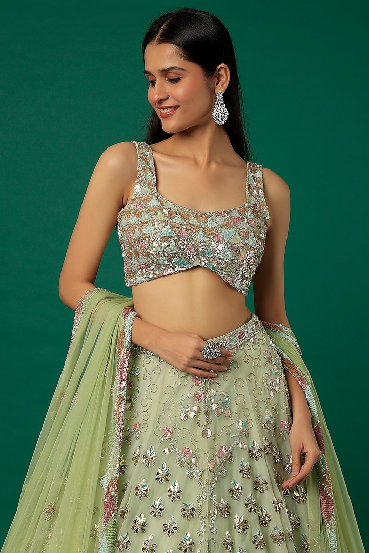 Mint Green Embroidered Bridal Lehenga Set by Surabhi Chopra at Pernia's Pop Up Shop