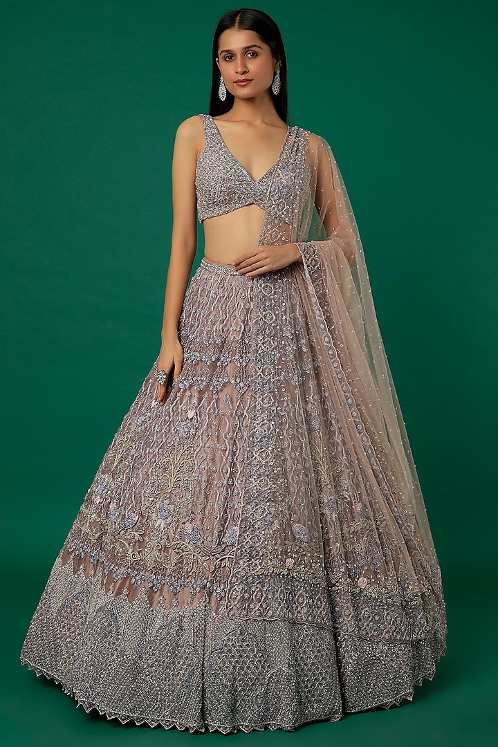 Nude Grey Embroidered Bridal Lehenga Set by Surabhi Chopra at Pernia's Pop Up Shop