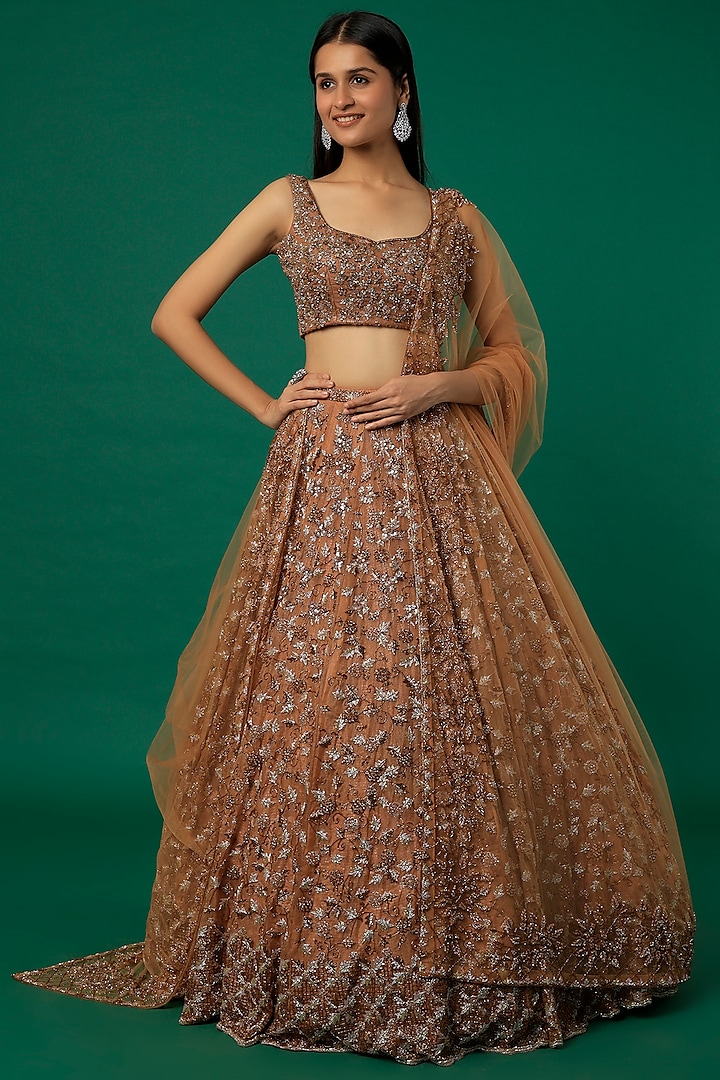 Rust Orange Embroidered Bridal Lehenga Set by Surabhi Chopra at Pernia's Pop Up Shop