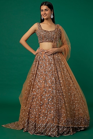 Rust Orange Embroidered Lehenga Set by Surabhi Chopra
