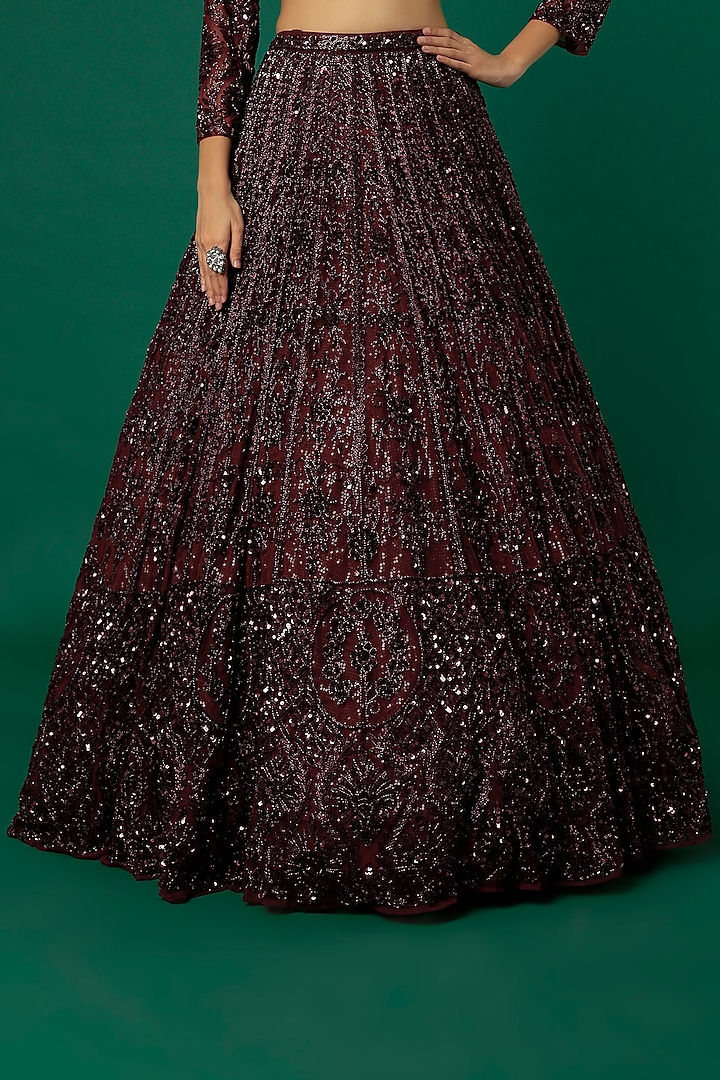 Mahogany Embroidered Bridal Lehenga Set by Surabhi Chopra at Pernia's Pop Up Shop