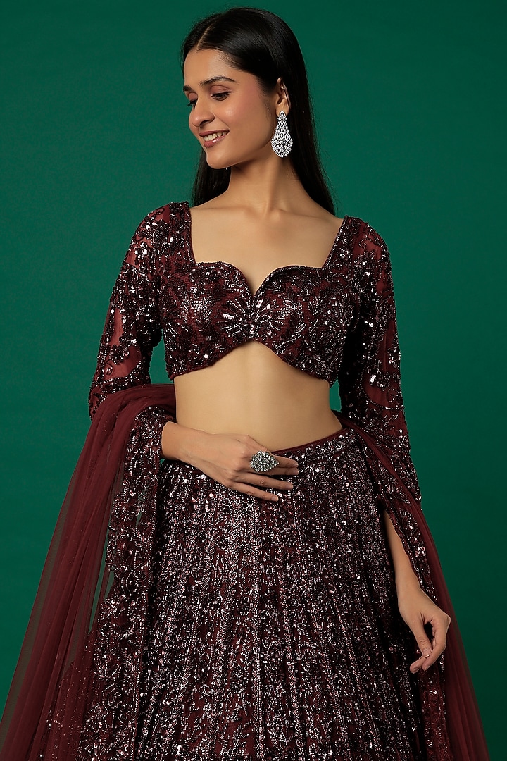 Mahogany Embroidered Bridal Lehenga Set by Surabhi Chopra at Pernia's Pop Up Shop