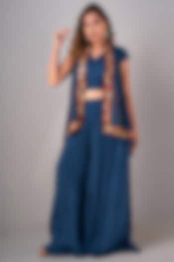 Indigo Blue Textured Palazzo Pant Set by Siddh by Deepa Goel at Pernia's Pop Up Shop