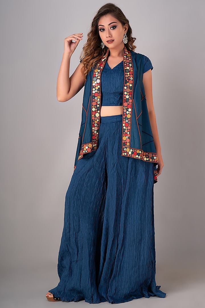 Indigo Blue Textured Palazzo Pant Set by Siddh by Deepa Goel at Pernia's Pop Up Shop