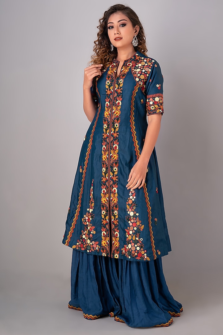 Indigo Blue Silk Gharara Set by Siddh by Deepa Goel